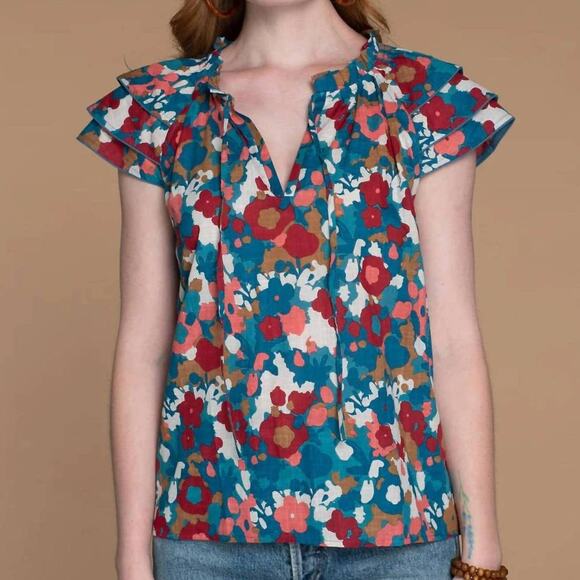 Olivia James The Label Astrid Short Sleeve Ruffle Shoulder Top Abstract Floral M - Picture 3 of 6